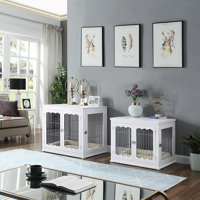 Modern white pet crates and beds in contemporary living room