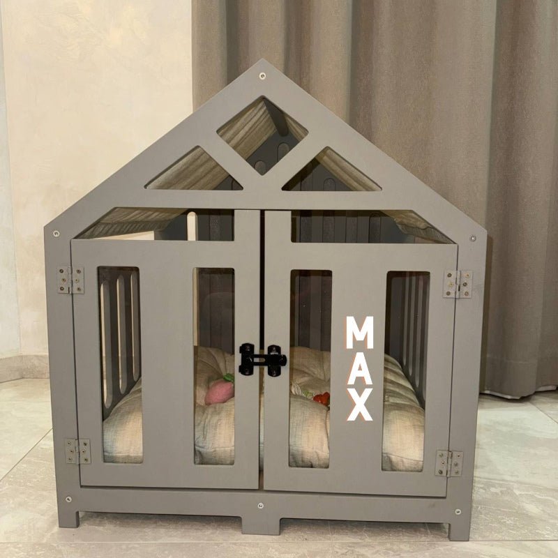 Modern grey pet crate with bed