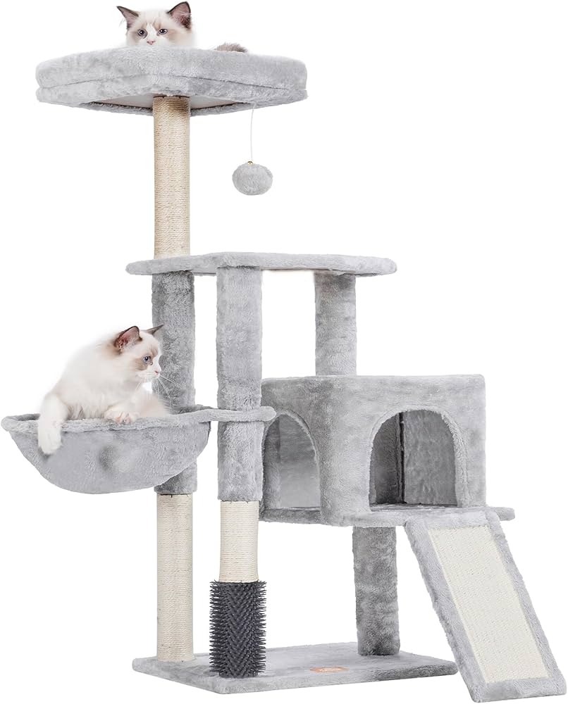 Multi-level cat condo with integrated grooming brush